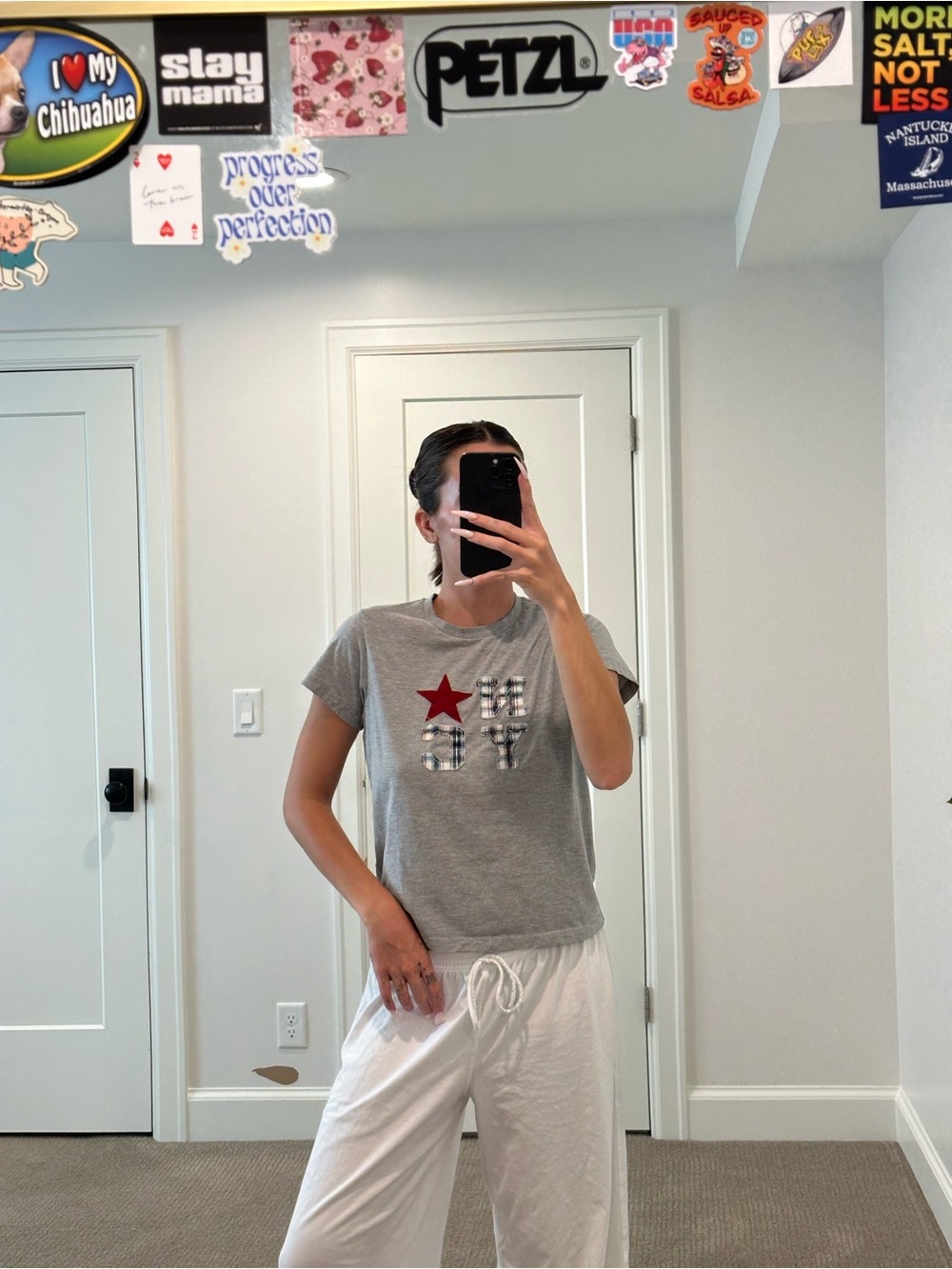 Urban Outfitters Grey Tee with Red Star and Plaid Graphic